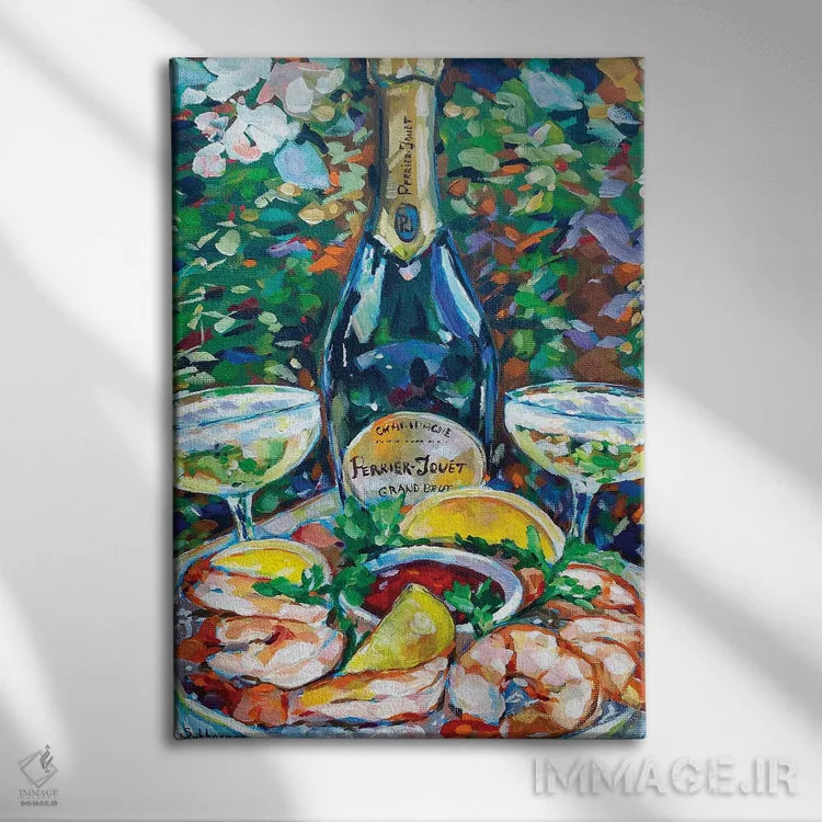 تابلو دکوراتیو Shrimps And Lemons,طبیعت بی جان با شامپاین، میگو و لی… اثر ویکتوریا سوخاسیان - نمای روبهرو روی دیوار