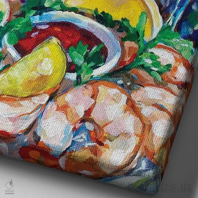 تابلو دکوراتیو Shrimps And Lemons,طبیعت بی جان با شامپاین، میگو و لی… اثر ویکتوریا سوخاسیان - نمای نزدیک بافت بوم