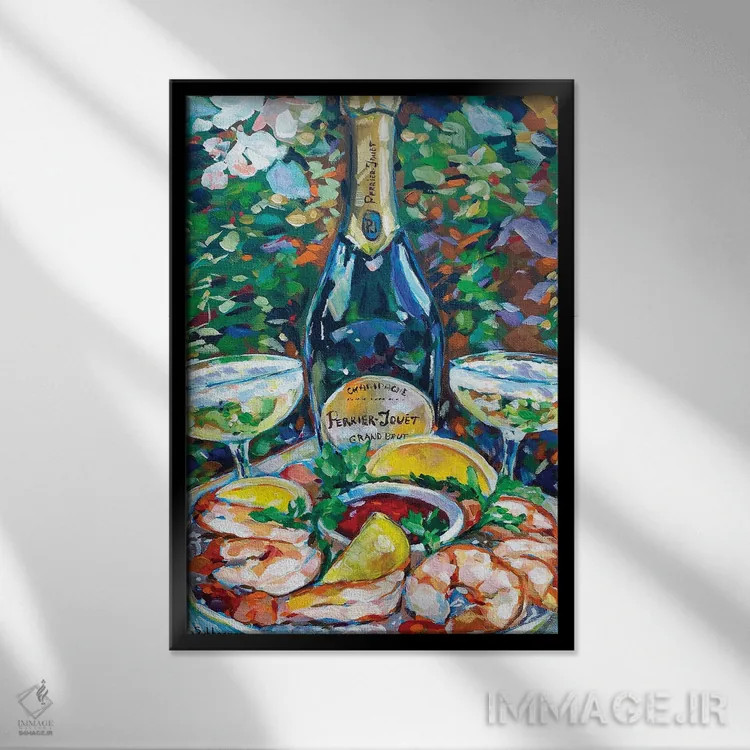 تابلو دکوراتیو Shrimps And Lemons,طبیعت بی جان با شامپاین، میگو و لی… اثر ویکتوریا سوخاسیان - نمای قابدار مشکی