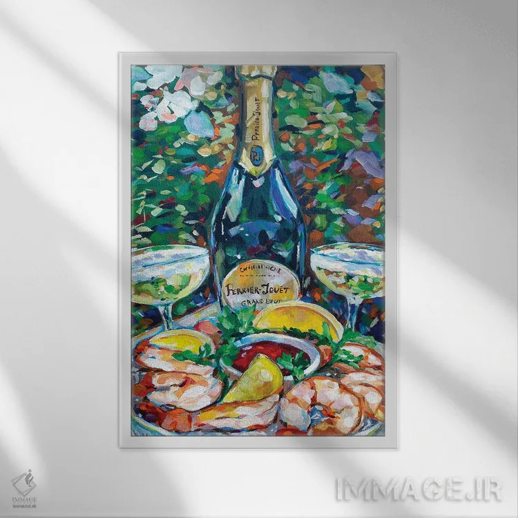 تابلو دکوراتیو Shrimps And Lemons,طبیعت بی جان با شامپاین، میگو و لی… اثر ویکتوریا سوخاسیان - نمای قابدار سفید