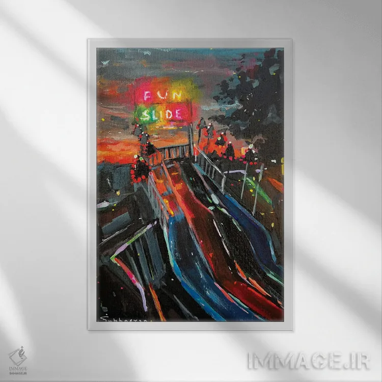 تابلو دکوراتیو سرسره های سرگرم کننده در شب اثر ویکتوریا سوخاسیان - نمای قابدار سفید