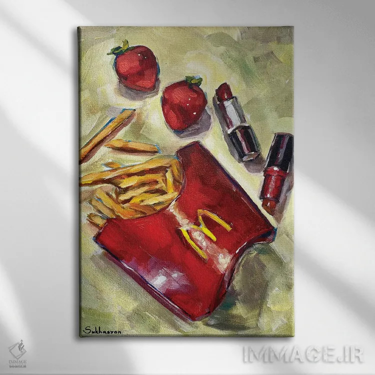 تابلو دکوراتیو Mac Lipsticks And Strawberries,طبیعت بی جان با سیب زم… اثر ویکتوریا سوخاسیان - نمای روبهرو روی دیوار