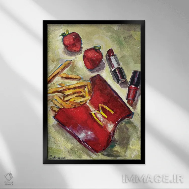 تابلو دکوراتیو Mac Lipsticks And Strawberries,طبیعت بی جان با سیب زم… اثر ویکتوریا سوخاسیان - نمای قابدار مشکی