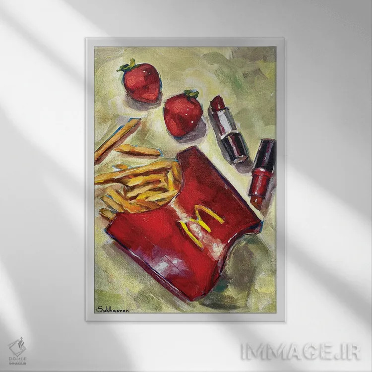 تابلو دکوراتیو Mac Lipsticks And Strawberries,طبیعت بی جان با سیب زم… اثر ویکتوریا سوخاسیان - نمای قابدار سفید