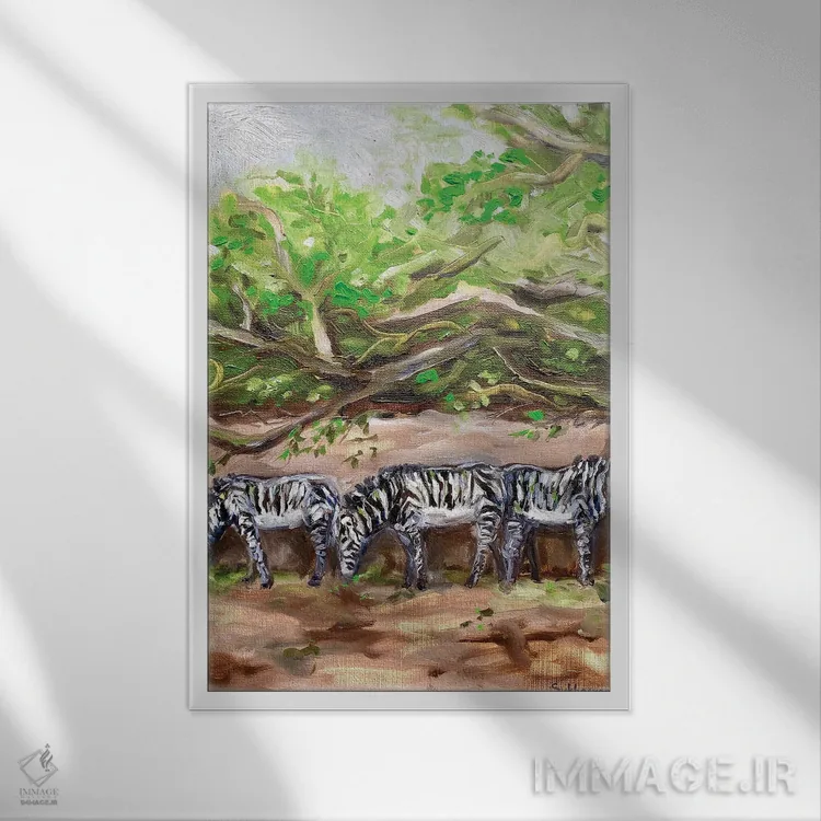 تابلو دکوراتیو منظره با گورخرها اثر ویکتوریا سوخاسیان - نمای قابدار سفید