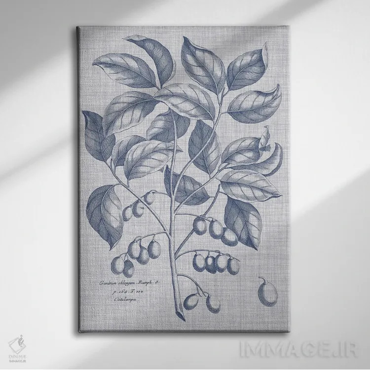 تابلو دکوراتیو نباتات سرمه ای و کتان II اثر ویژن استودیو - نمای روبهرو روی دیوار