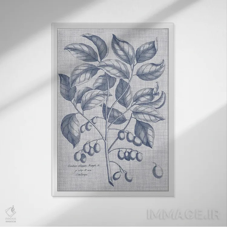 تابلو دکوراتیو نباتات سرمه ای و کتان II اثر ویژن استودیو - نمای قابدار سفید
