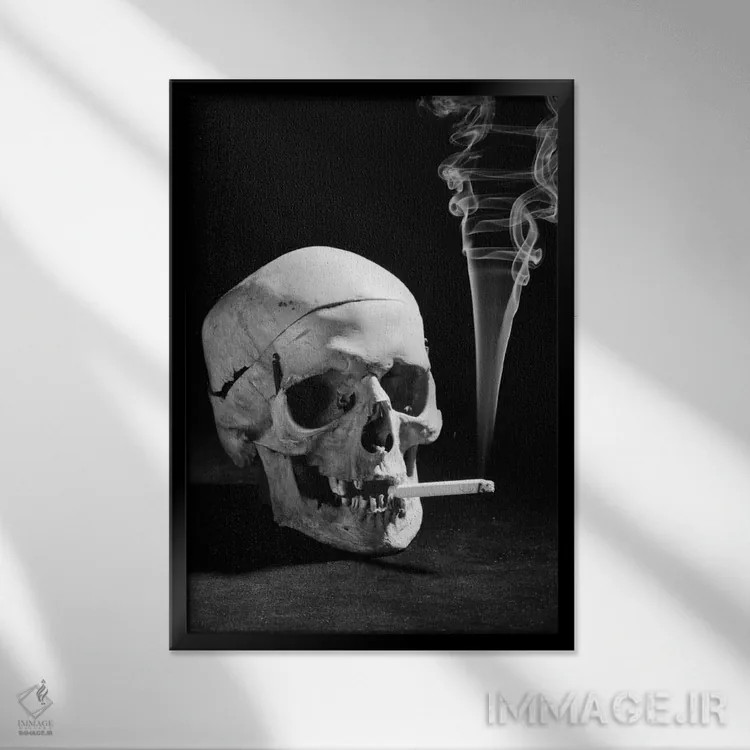 تابلو دکوراتیو جمجمه انسان در حال سیگار کشیدن دهه ۱۹۳۰ اثر تصاویر وینتج - نمای قابدار مشکی