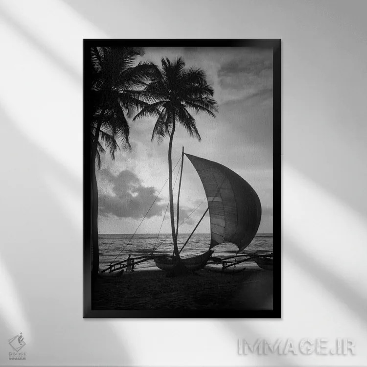 تابلو دکوراتیو دهه ۱۹۳۰ یک کاتاماران تنها در ساحل گرمسیری هنگام غروب درخت… اثر تصاویر وینتج - نمای قابدار مشکی