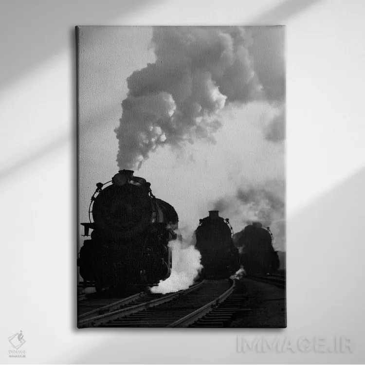 تابلو دکوراتیو دهه ۱۹۳۰-۱۹۴۰ نمای روبه روی سه لوکوموتیو بخاری سیلوئت شده… اثر تصاویر وینتج - نمای روبهرو روی دیوار