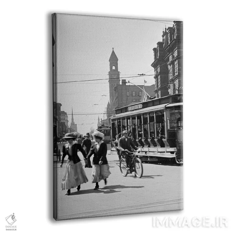 تابلو دکوراتیو دهه ۱۹۰۰-۱۹۱۰-۱۹۱۲ صحنه خیابانی عابران و تراموا دیترویت می… اثر تصاویر وینتج - نمای پرسپکتیو محصول