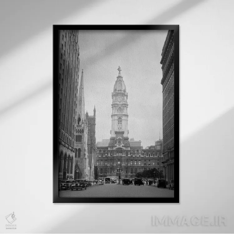 تابلو دکوراتیو دهه ۱۹۳۰-۱۹۳۶ منظره به سمت پایین خیابان نورت براد تا تالار… اثر تصاویر وینتج - نمای قابدار مشکی