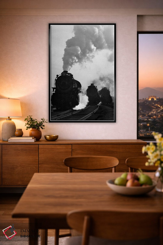 تابلو دکوراتیو دهه ۱۹۳۰-۱۹۴۰ نمای روبه روی سه لوکوموتیو بخاری سیلوئت شده… اثر تصاویر وینتج - D4B