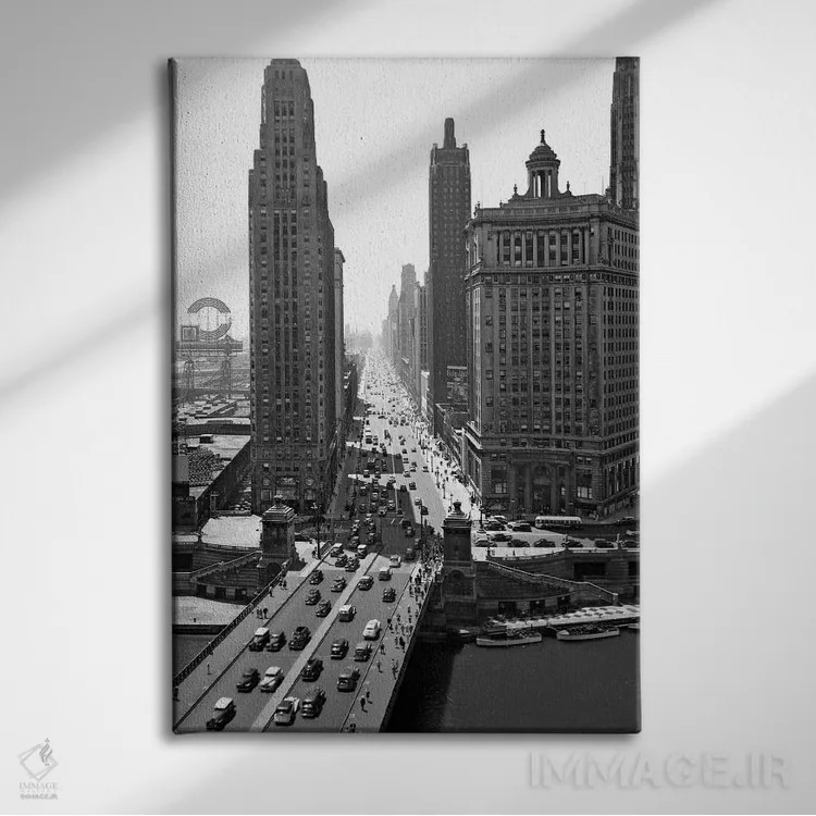 تابلو دکوراتیو دهه ۱۹۴۰ خط افق مرکز شهر خیابان میشیگان شیکاگو ایلینوی اثر تصاویر وینتج - نمای روبهرو روی دیوار