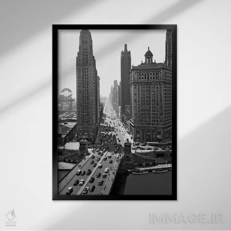 تابلو دکوراتیو دهه ۱۹۴۰ خط افق مرکز شهر خیابان میشیگان شیکاگو ایلینوی اثر تصاویر وینتج - نمای قابدار مشکی