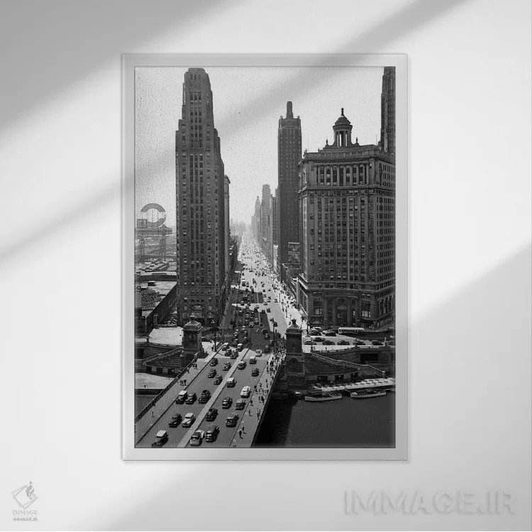 تابلو دکوراتیو دهه ۱۹۴۰ خط افق مرکز شهر خیابان میشیگان شیکاگو ایلینوی اثر تصاویر وینتج - نمای قابدار سفید