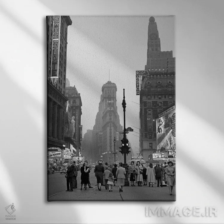 تابلو دکوراتیو میدان تایمز در گرگ ومیش شب، نگاه به جنوب از دافی اسکوئر به… اثر تصاویر وینتج - نمای روبهرو روی دیوار