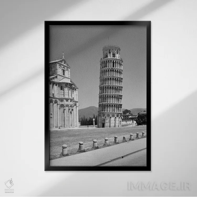 تابلو دکوراتیو دهه ۱۹۴۰ برج کج پیزا توسکانی ایتالیا اثر تصاویر وینتج - نمای قابدار مشکی