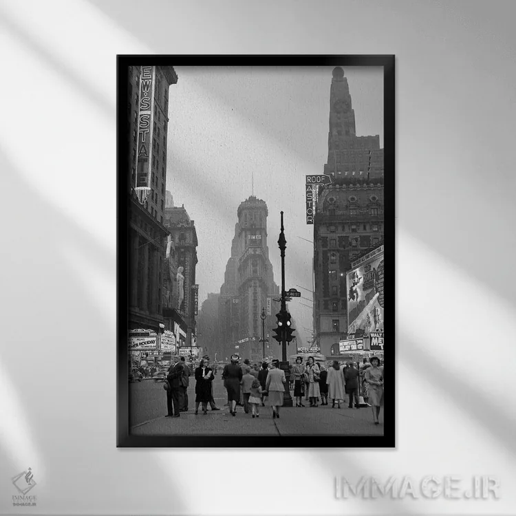 تابلو دکوراتیو میدان تایمز در گرگ ومیش شب، نگاه به جنوب از دافی اسکوئر به… اثر تصاویر وینتج - نمای قابدار مشکی