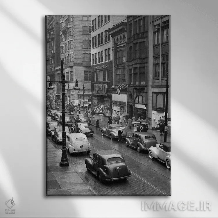 تابلو دکوراتیو دهه ۱۹۴۰ روز بارانی در خیابان چستنات فیلادلفیا پنسیلوانیا… اثر تصاویر وینتج - نمای روبهرو روی دیوار