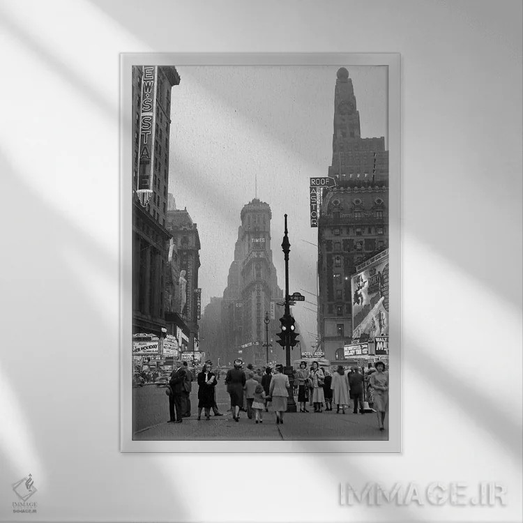 تابلو دکوراتیو میدان تایمز در گرگ ومیش شب، نگاه به جنوب از دافی اسکوئر به… اثر تصاویر وینتج - نمای قابدار سفید