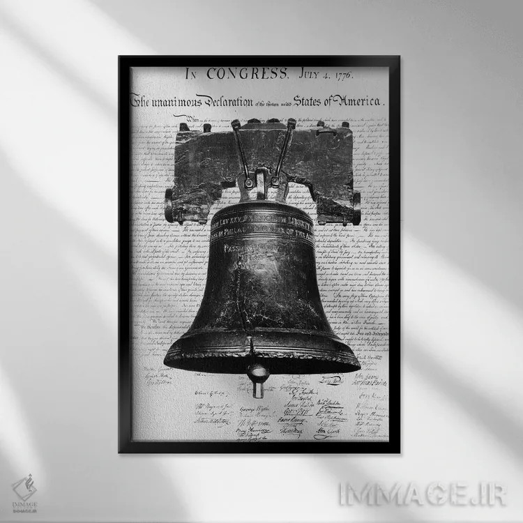 تابلو دکوراتیو دهه ۱۹۴۰ زنگ آزادی بر روی رونوشت اعلامیه استقلال قرار گرفت… اثر تصاویر وینتج - نمای قابدار مشکی