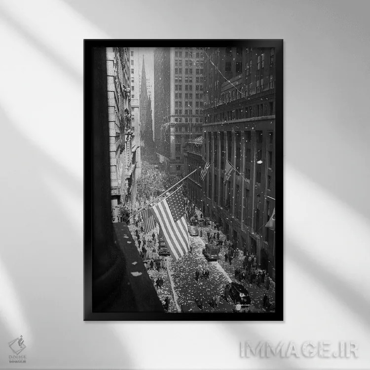 تابلو دکوراتیو نمای هوایی جشن روز پیروزی در وال استریت نیویورک سال ۱۹۴۵ ه… اثر تصاویر وینتج - نمای قابدار مشکی