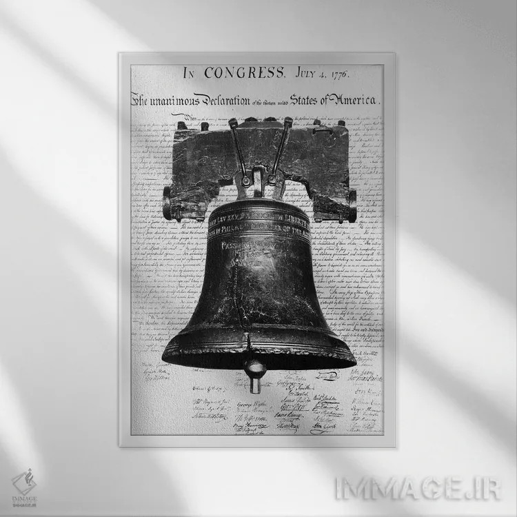 تابلو دکوراتیو دهه ۱۹۴۰ زنگ آزادی بر روی رونوشت اعلامیه استقلال قرار گرفت… اثر تصاویر وینتج - نمای قابدار سفید