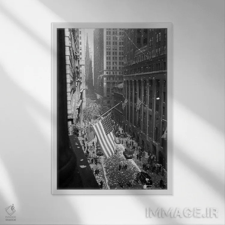 تابلو دکوراتیو نمای هوایی جشن روز پیروزی در وال استریت نیویورک سال ۱۹۴۵ ه… اثر تصاویر وینتج - نمای قابدار سفید