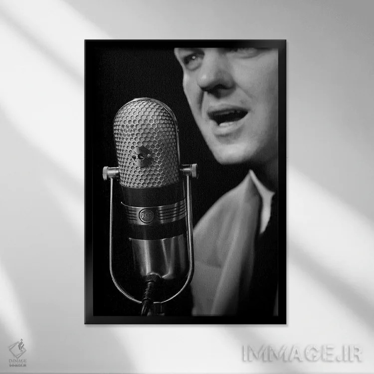 تابلو دکوراتیو نمای نزدیک گوینده مرد در حال صحبت مقابل میکروفون ، نمادی ا… اثر تصاویر وینتج - نمای قابدار مشکی