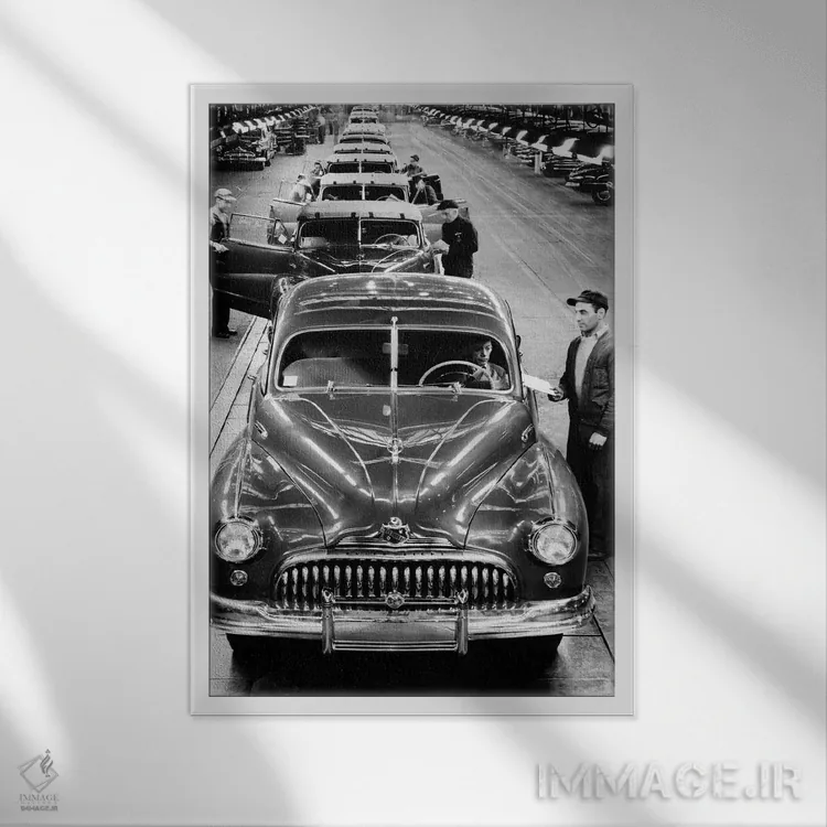 تابلو دکوراتیو نمای روبه رو از خط مونتاژ خودروی بیوک در دیترویت میشیگان اثر تصاویر وینتج - نمای قابدار سفید