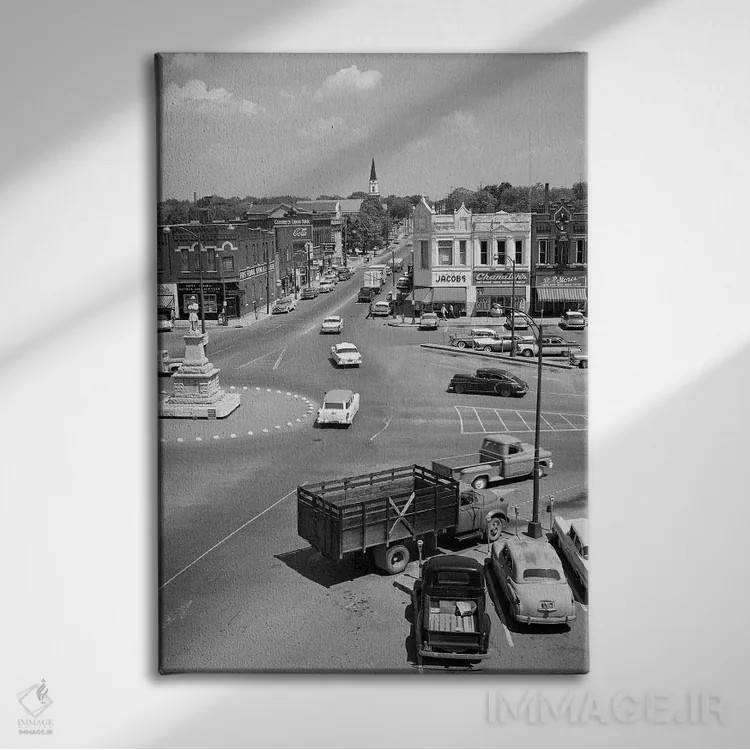 تابلو دکوراتیو خیابان اصلی شهر کوچک لبنان تنسی آمریکا با میدان شهر اثر تصاویر وینتج - نمای روبهرو روی دیوار