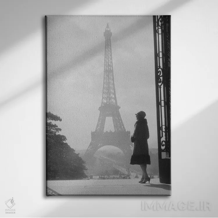تابلو دکوراتیو زن بی نام در نمای سیلوئت ایستاده در تروکادرو مقابل برج ایف… اثر تصاویر وینتج - نمای روبهرو روی دیوار