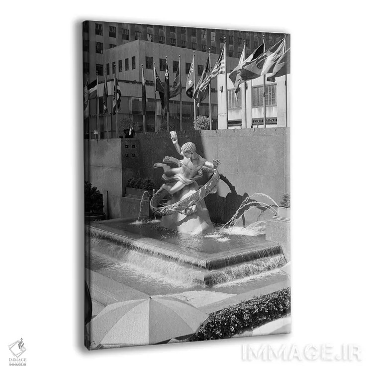 تابلو دکوراتیو مرکز راکفلر دهه ۱۹۵۰؛ فواره پرومتئوس اثر پل منشیپ و پرچم های سازمان ملل نی… - نمای پرسپکتیو محصول