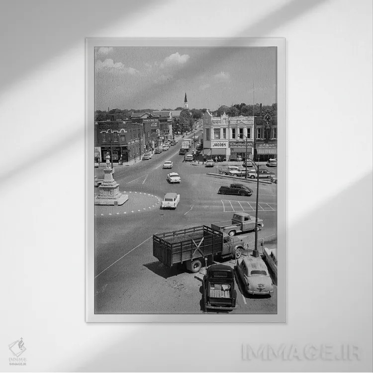 تابلو دکوراتیو خیابان اصلی شهر کوچک لبنان تنسی آمریکا با میدان شهر اثر تصاویر وینتج - نمای قابدار سفید