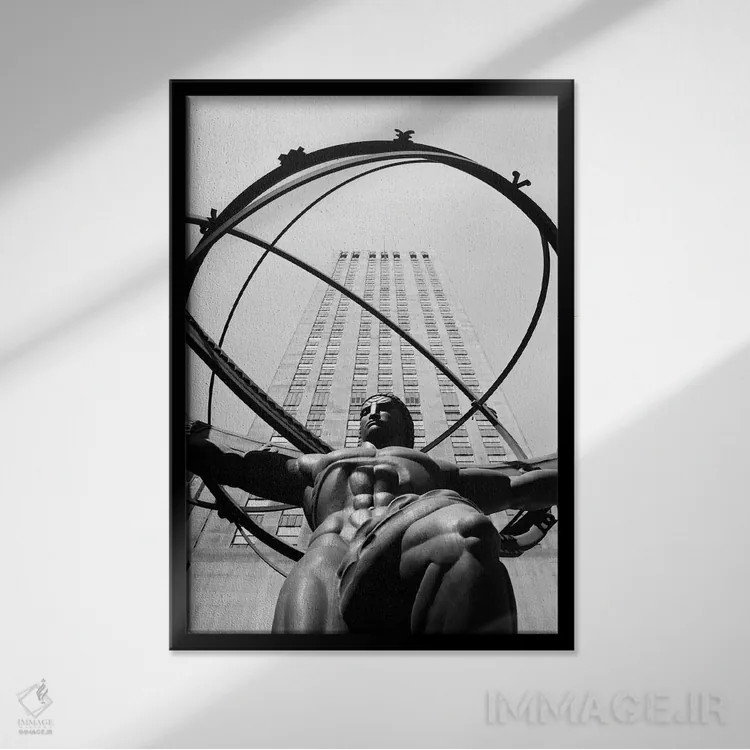 تابلو دکوراتیو مجسمه اطلس در مرکز راکفلر نیویورک دهه ۱۹۵۰ اثر تصاویر وینتج - نمای قابدار مشکی