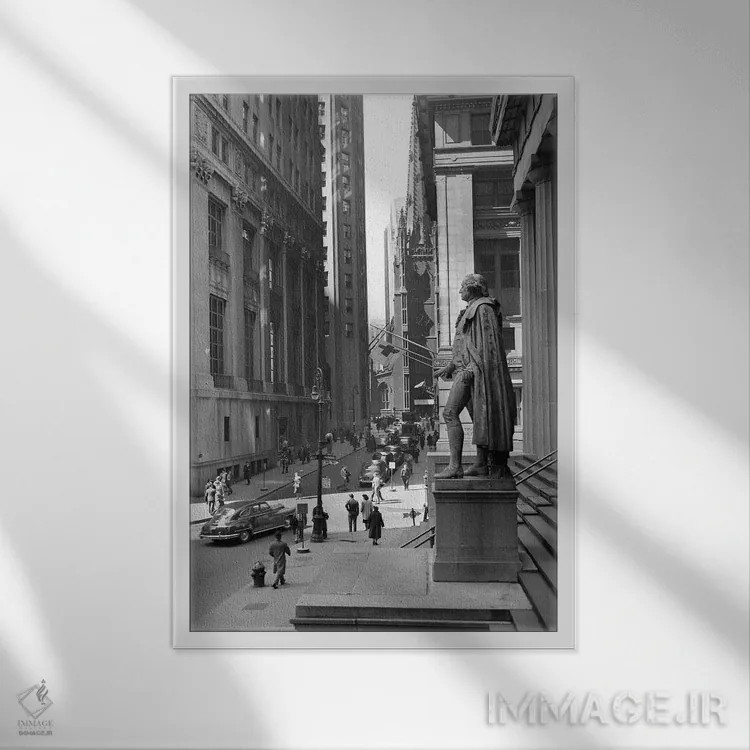 تابلو دکوراتیو خیابان وال استریت از پله های یادبود ملی فدرال هال رو به کل… اثر تصاویر وینتج - نمای قابدار سفید