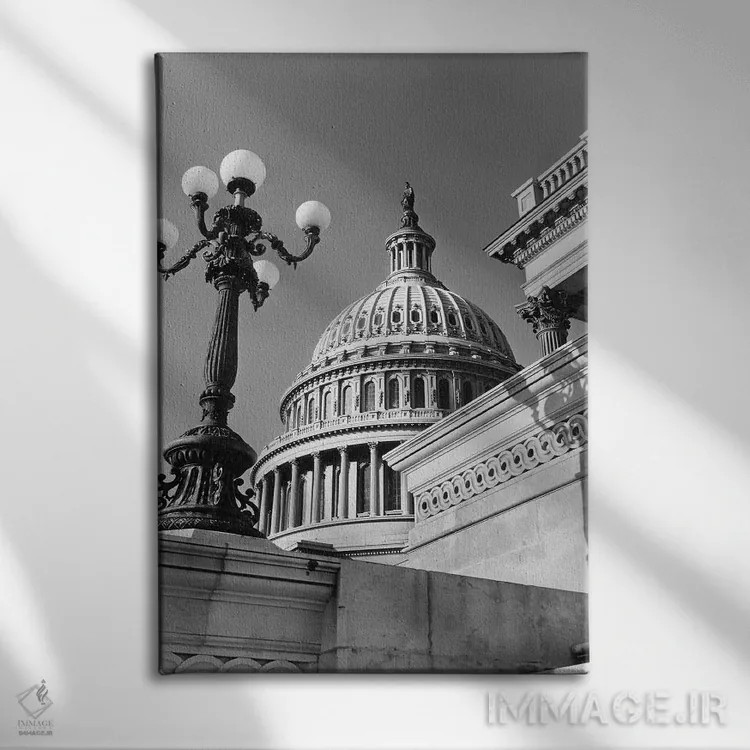 تابلو دکوراتیو نمای زاویه پایین گنبد ساختمان کاپیتول و جزئیات معماری واشن… اثر تصاویر وینتج - نمای روبهرو روی دیوار