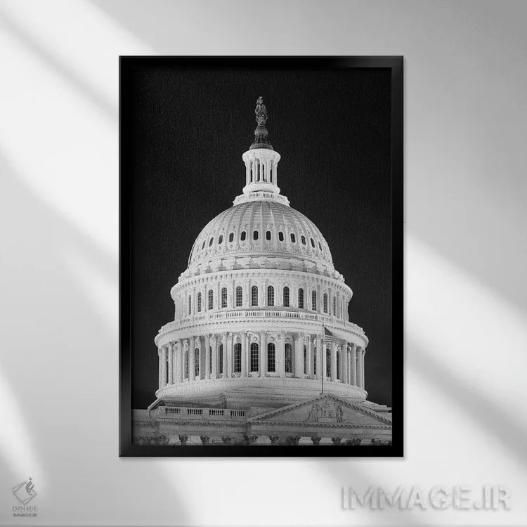 تابلو دکوراتیو گنبد ساختمان کاپیتول در شب واشنگتن دی سی دهه ۱۹۵۰-۱۹۶۰ اثر تصاویر وینتج - نمای قابدار مشکی