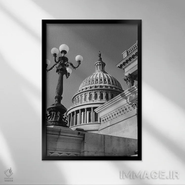 تابلو دکوراتیو نمای زاویه پایین گنبد ساختمان کاپیتول و جزئیات معماری واشن… اثر تصاویر وینتج - نمای قابدار مشکی