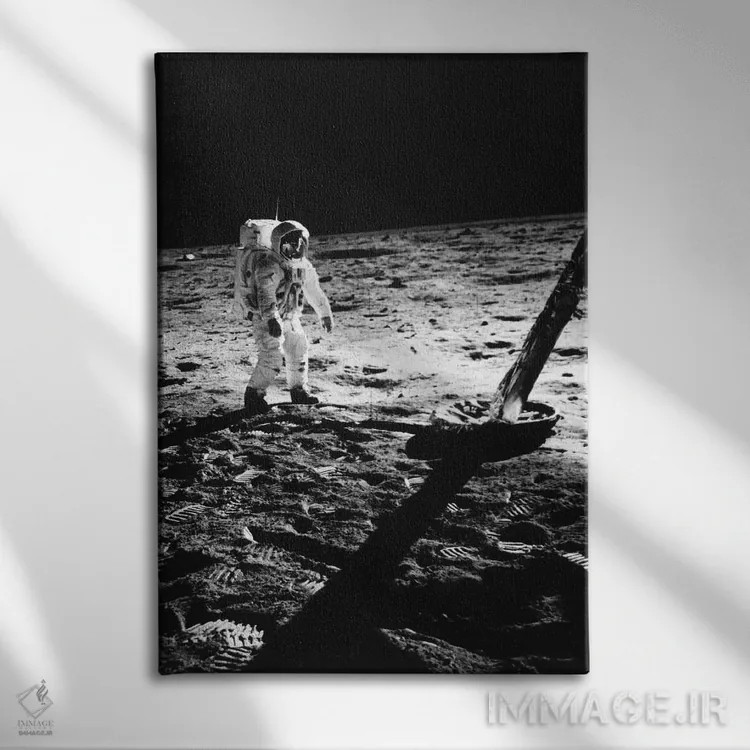 تابلو دکوراتیو 1969,فضانورد باز آلدرین با لباس فضایی در حال راه رفتن روی… اثر تصاویر وینتج - نمای روبهرو روی دیوار