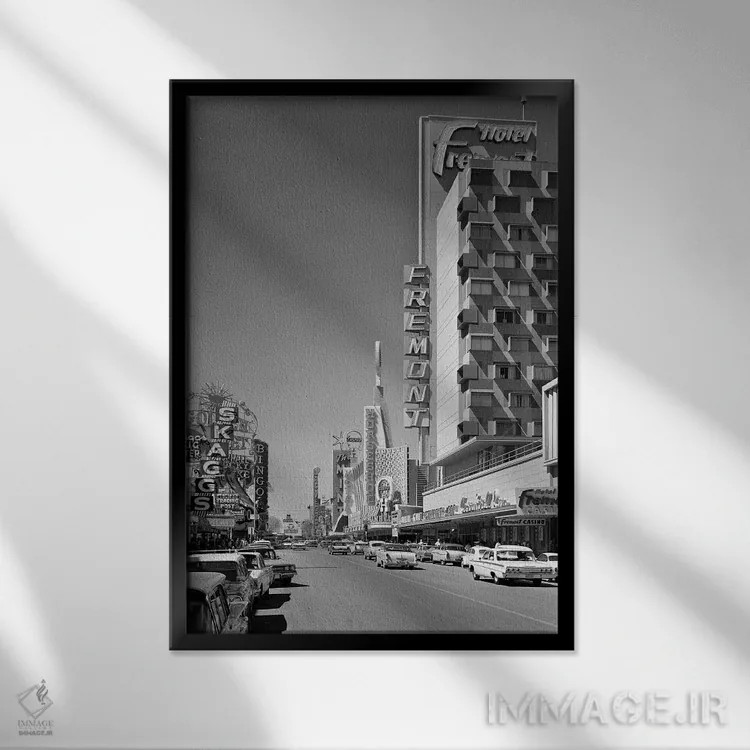 تابلو دکوراتیو منظره خیابان فریمونت در مرکز شهر لاس وگاس نوادا اثر تصاویر وینتج - نمای قابدار مشکی