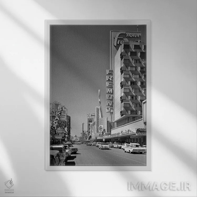 تابلو دکوراتیو منظره خیابان فریمونت در مرکز شهر لاس وگاس نوادا اثر تصاویر وینتج - نمای قابدار سفید