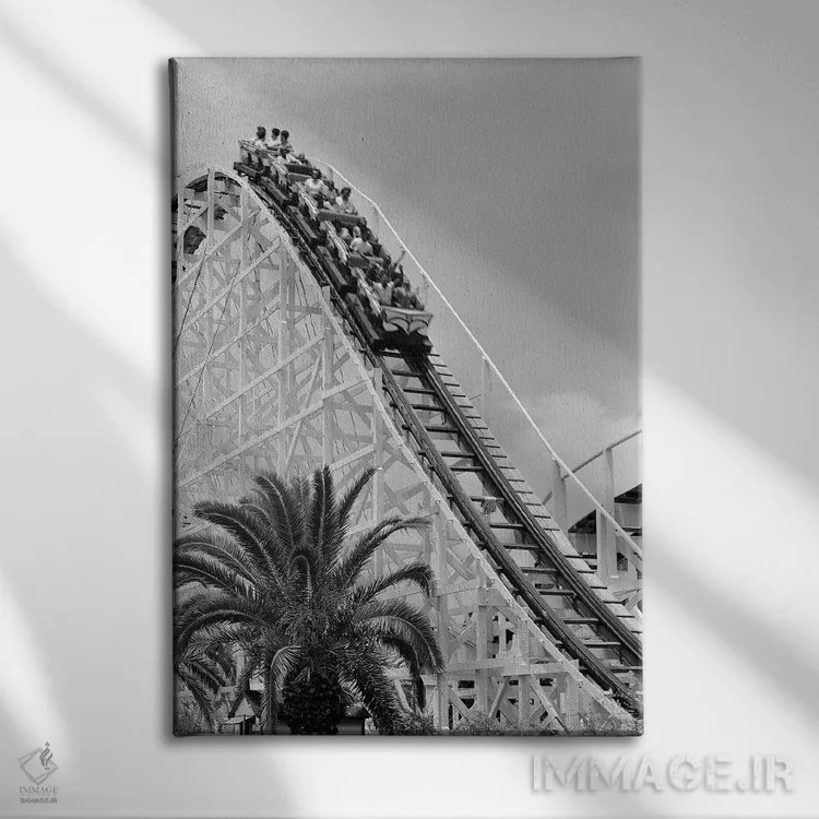تابلو دکوراتیو جوانان در حال سواری بر ترن هوایی چوبی اثر تصاویر وینتج - نمای روبهرو روی دیوار