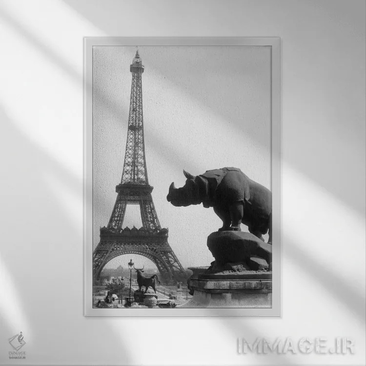تابلو دکوراتیو مجسمه کرگدن در پیش زمینه و برج ایفل در پس زمینه پاریس اثر تصاویر وینتج - نمای قابدار سفید