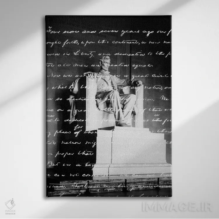 تابلو دکوراتیو خطابه دست نویس گتیسبورگ روی تصویر مجسمه یادبود لینکلن همپو… اثر تصاویر وینتج - نمای روبهرو روی دیوار