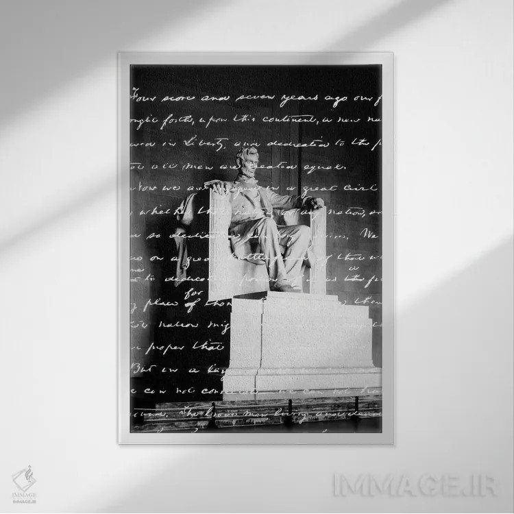 تابلو دکوراتیو خطابه دست نویس گتیسبورگ روی تصویر مجسمه یادبود لینکلن همپو… اثر تصاویر وینتج - نمای قابدار سفید