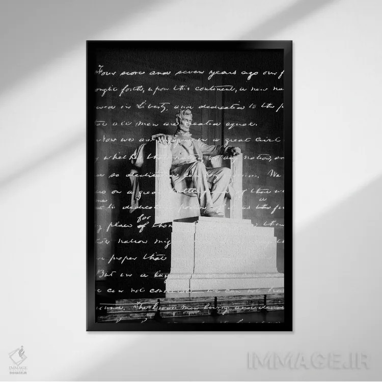 تابلو دکوراتیو خطابه دست نویس گتیسبورگ روی تصویر مجسمه یادبود لینکلن همپو… اثر تصاویر وینتج - نمای قابدار مشکی