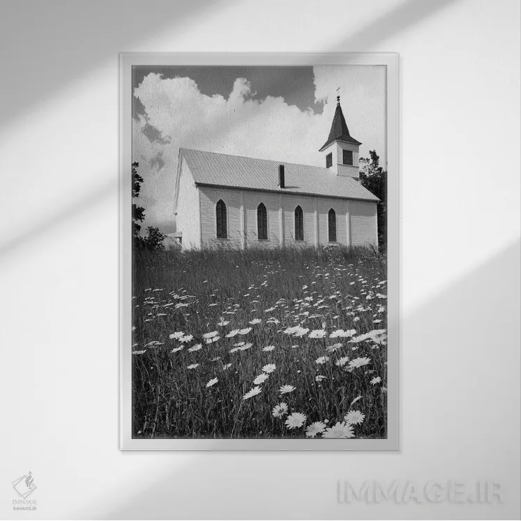 تابلو دکوراتیو کلیسای روستایی در میان مزرعه گل بابونه اثر تصاویر وینتج - نمای قابدار سفید