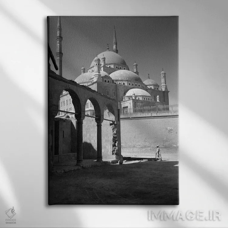 تابلو دکوراتیو دهه های ۱۹۲۰-۱۹۳۰ - نمای معماری مسجد محمدعلی آلاباستر در ق… اثر تصاویر وینتج - نمای روبهرو روی دیوار